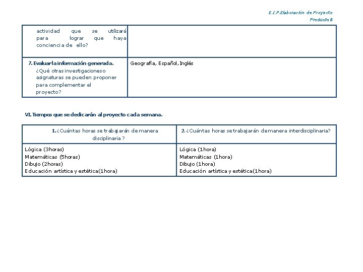 E. I. P. Elaboración de Proyecto Producto 8 actividad que se utilizará para lograr