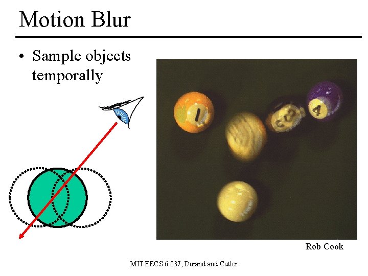 Motion Blur • Sample objects temporally Rob Cook MIT EECS 6. 837, Durand Cutler