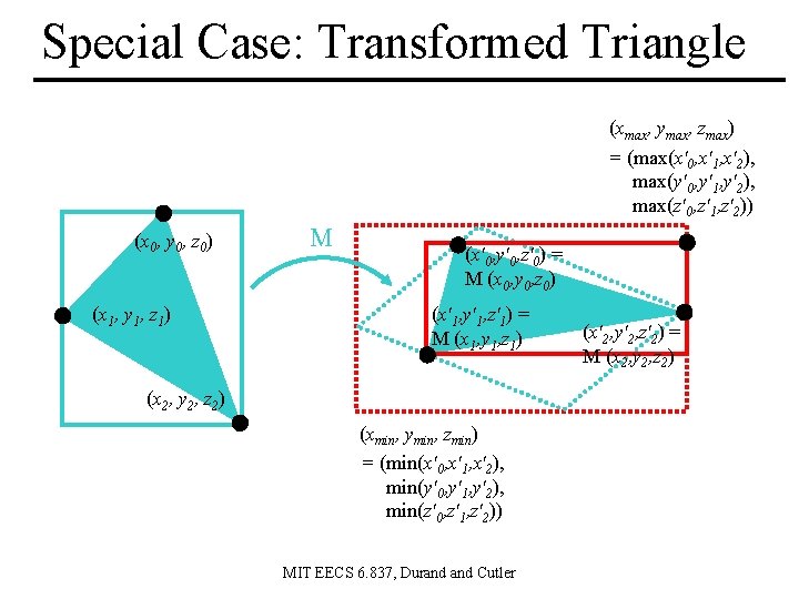 Special Case: Transformed Triangle (xmax, ymax, zmax) = (max(x'0, x'1, x'2), max(y'0, y'1, y'2),