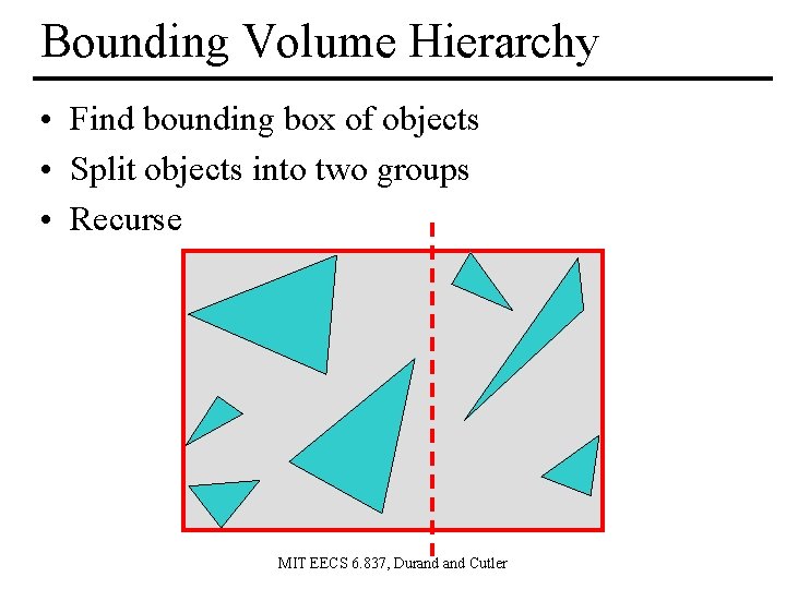 Bounding Volume Hierarchy • Find bounding box of objects • Split objects into two