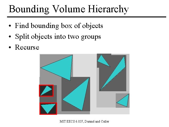 Bounding Volume Hierarchy • Find bounding box of objects • Split objects into two