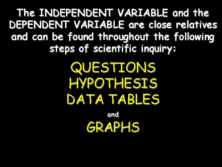 The INDEPENDENT VARIABLE and the DEPENDENT VARIABLE are close relatives and can be found The INDEPENDENT VARIABLE and the DEPENDENT VARIABLE are close relatives and can be found