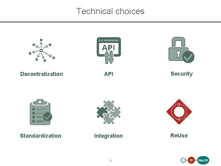 Technical choices Decentralization API Standardization Integration 9 Security Re. Use 