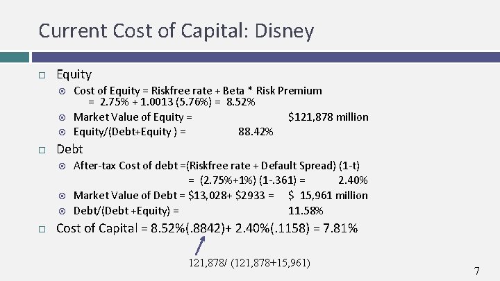 Current Cost of Capital: Disney Equity Debt Cost of Equity = Riskfree rate +