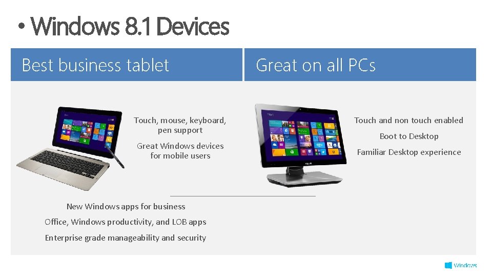  • Windows 8. 1 Devices Best business tablet Touch, mouse, keyboard, pen support