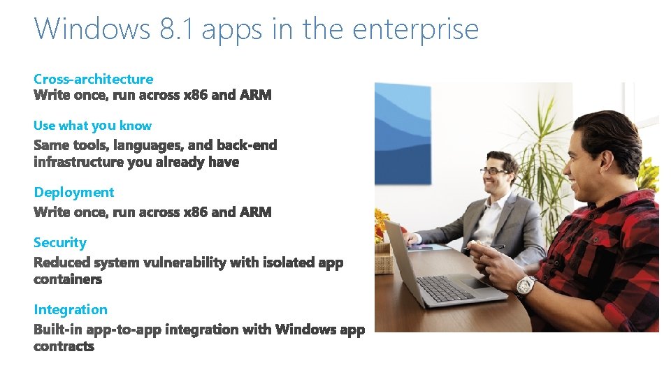 Windows 8. 1 apps in the enterprise Cross-architecture Use what you know Deployment Security