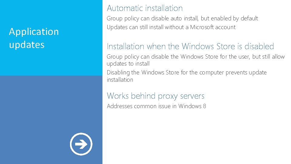 Automatic installation Application updates Group policy can disable auto install, but enabled by default