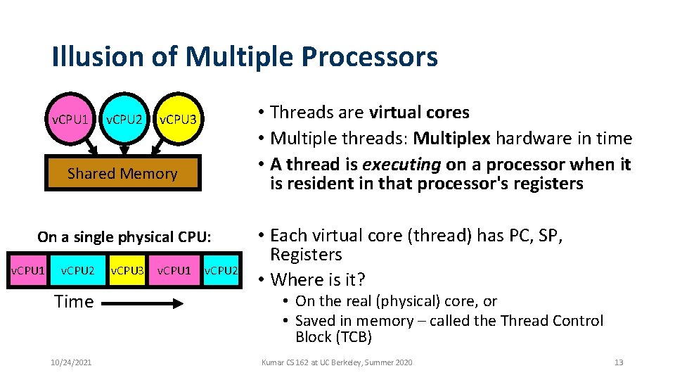 Illusion of Multiple Processors v. CPU 1 v. CPU 2 • Threads are virtual Illusion of Multiple Processors v. CPU 1 v. CPU 2 • Threads are virtual
