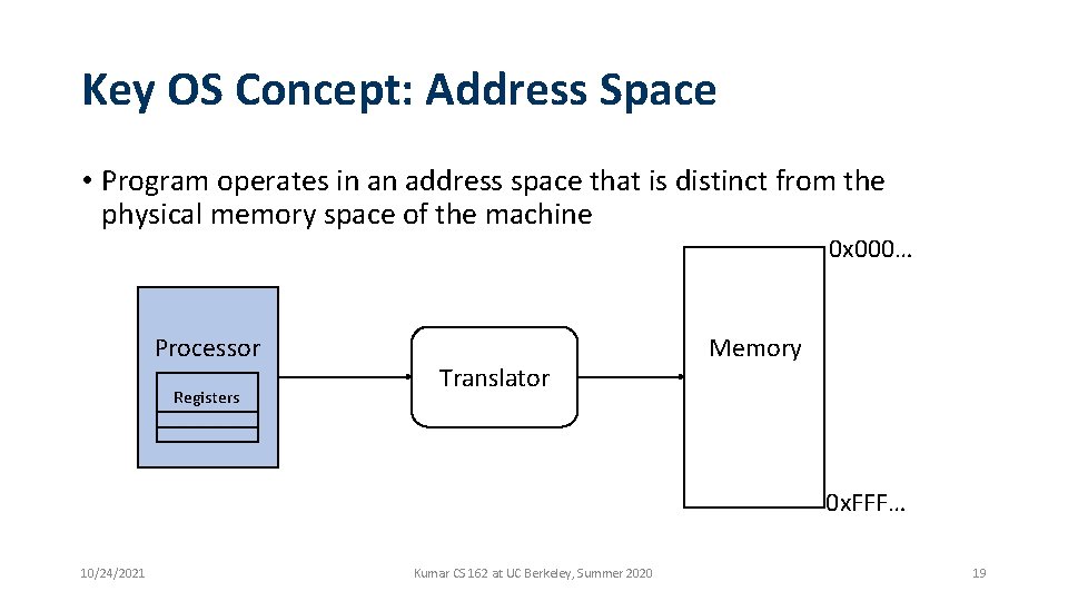 Key OS Concept: Address Space • Program operates in an address space that is Key OS Concept: Address Space • Program operates in an address space that is