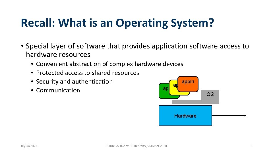 Recall: What is an Operating System? • Special layer of software that provides application Recall: What is an Operating System? • Special layer of software that provides application