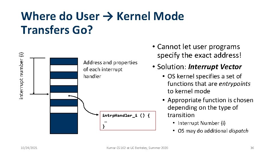 interrupt number (i) Where do User → Kernel Mode Transfers Go? Address and properties interrupt number (i) Where do User → Kernel Mode Transfers Go? Address and properties