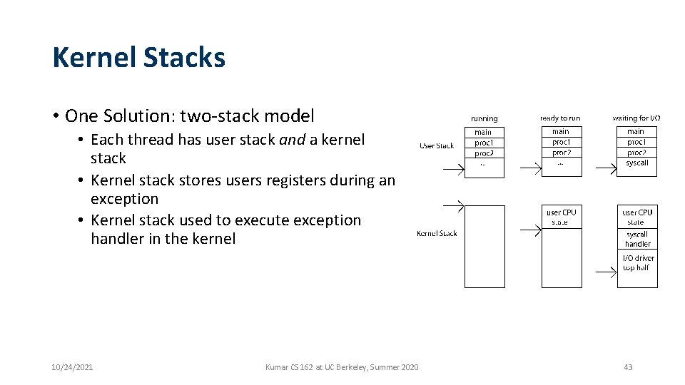 Kernel Stacks • One Solution: two-stack model • Each thread has user stack and Kernel Stacks • One Solution: two-stack model • Each thread has user stack and