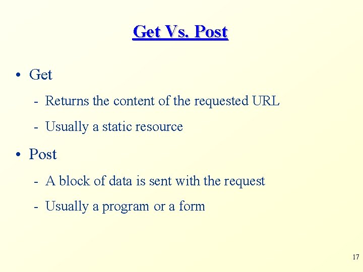 Get Vs. Post • Get - Returns the content of the requested URL -