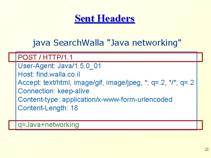 Sent Headers java Search. Walla "Java networking" POST / HTTP/1. 1 User-Agent: Java/1. 5.