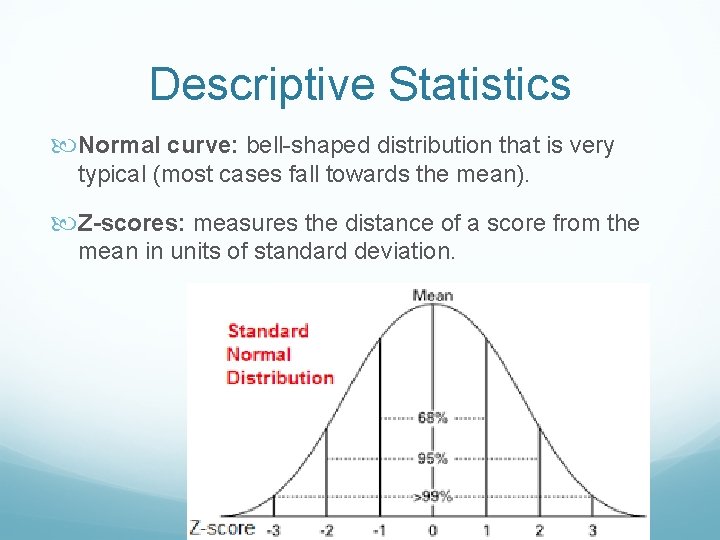 Descriptive Statistics Normal curve: bell-shaped distribution that is very typical (most cases fall towards
