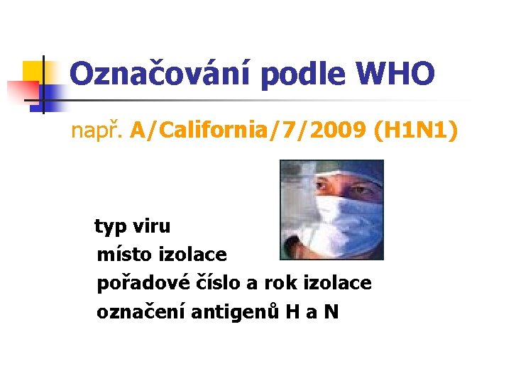 Označování podle WHO např. A/California/7/2009 (H 1 N 1) typ viru místo izolace pořadové