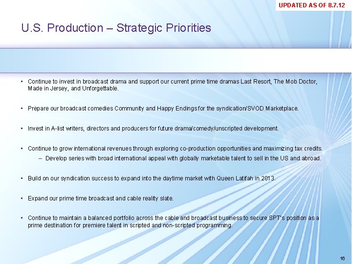 UPDATED AS OF 8. 7. 12 U. S. Production – Strategic Priorities • Continue UPDATED AS OF 8. 7. 12 U. S. Production – Strategic Priorities • Continue