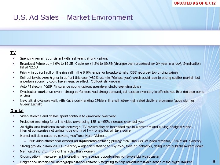 UPDATED AS OF 8. 7. 12 U. S. Ad Sales – Market Environment TV UPDATED AS OF 8. 7. 12 U. S. Ad Sales – Market Environment TV