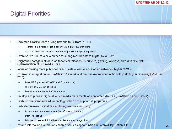 UPDATED AS OF 8. 3. 12 Digital Priorities • Dedicated Crackle team driving revenue UPDATED AS OF 8. 3. 12 Digital Priorities • Dedicated Crackle team driving revenue