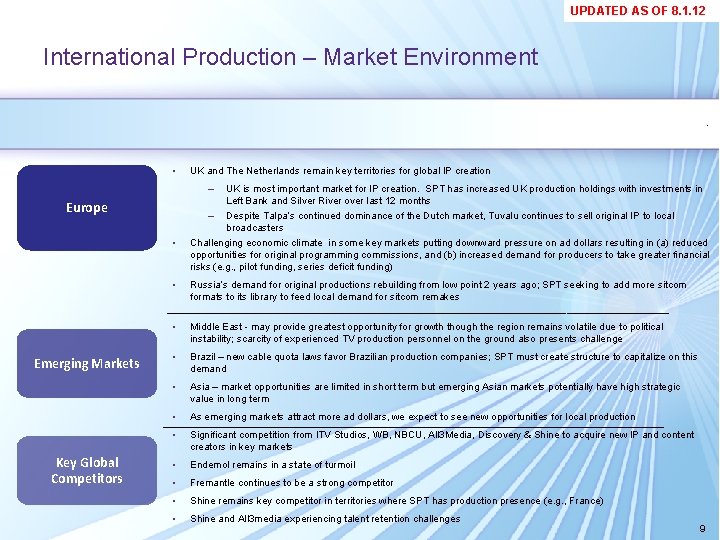 UPDATED AS OF 8. 1. 12 International Production – Market Environment. • UK and UPDATED AS OF 8. 1. 12 International Production – Market Environment. • UK and