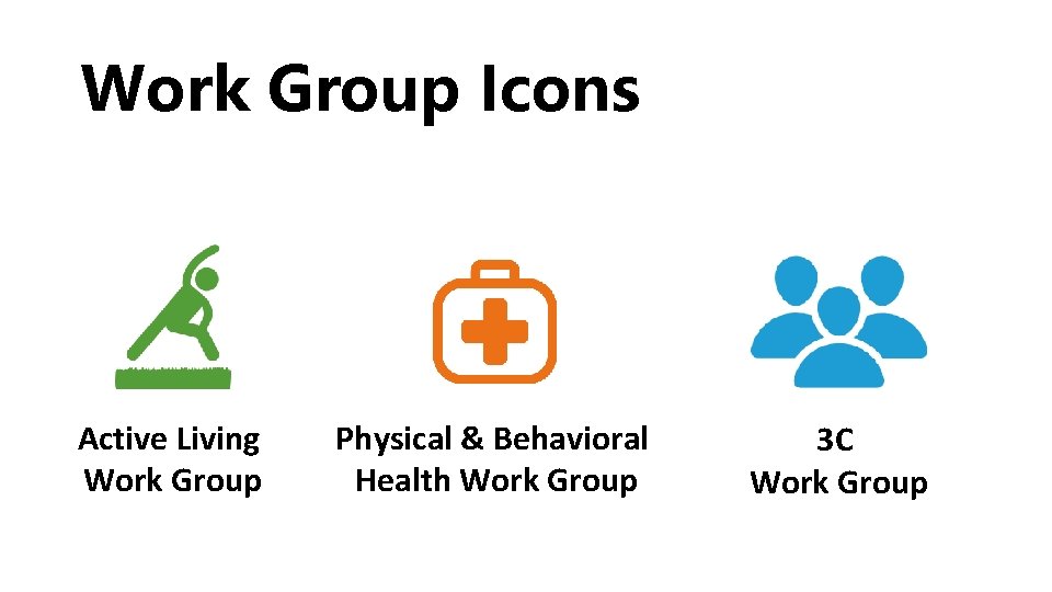 Work Group Icons Active Living Work Group Physical & Behavioral Health Work Group 3