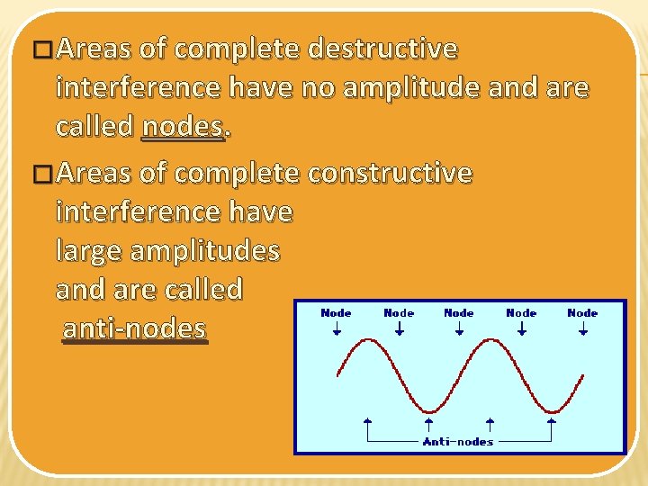 � Areas of complete destructive interference have no amplitude and are called nodes. � � Areas of complete destructive interference have no amplitude and are called nodes. �