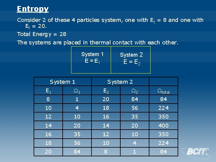 Entropy Consider 2 of these 4 particles system, one with E t = 8