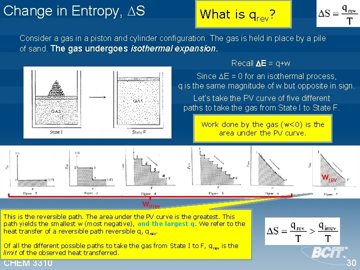 Change in Entropy, S What is qrev? Consider a gas in a piston and