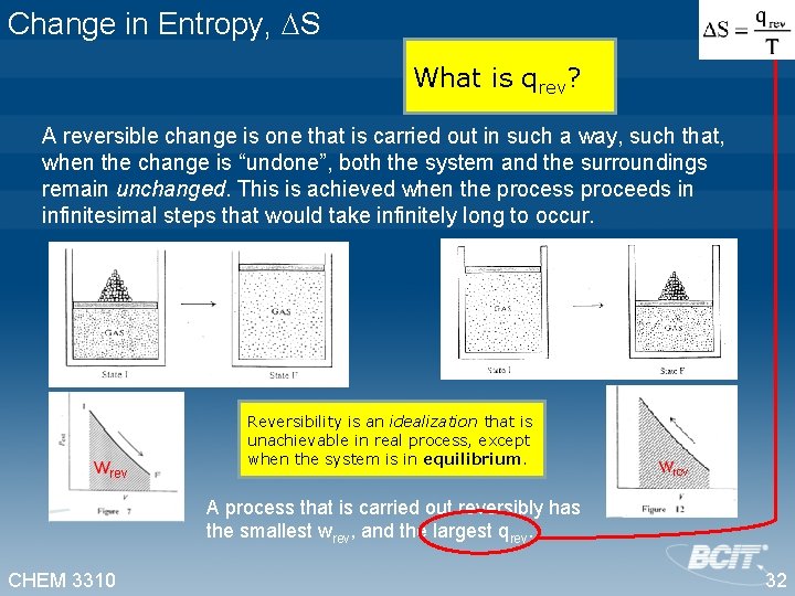 Change in Entropy, S What is qrev? A reversible change is one that is