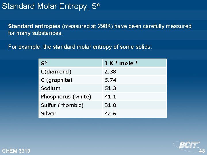 Standard Molar Entropy, So Standard entropies (measured at 298 K) have been carefully measured