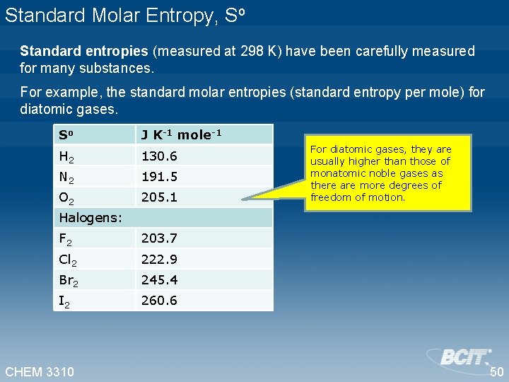 Standard Molar Entropy, So Standard entropies (measured at 298 K) have been carefully measured