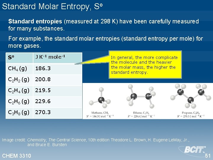 Standard Molar Entropy, So Standard entropies (measured at 298 K) have been carefully measured