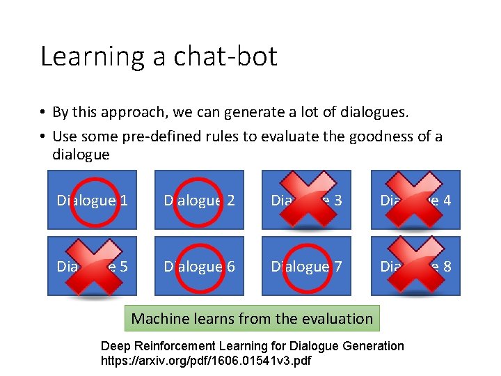 Learning a chat-bot • By this approach, we can generate a lot of dialogues.