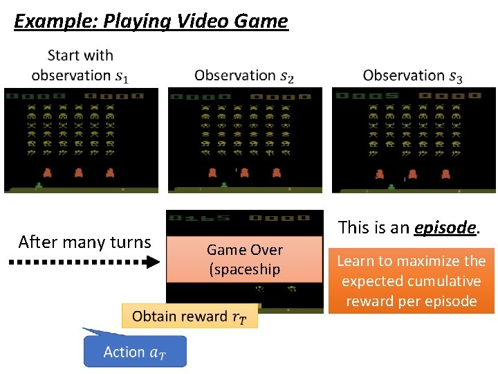 Example: Playing Video Game After many turns This is an episode. Game Over (spaceship