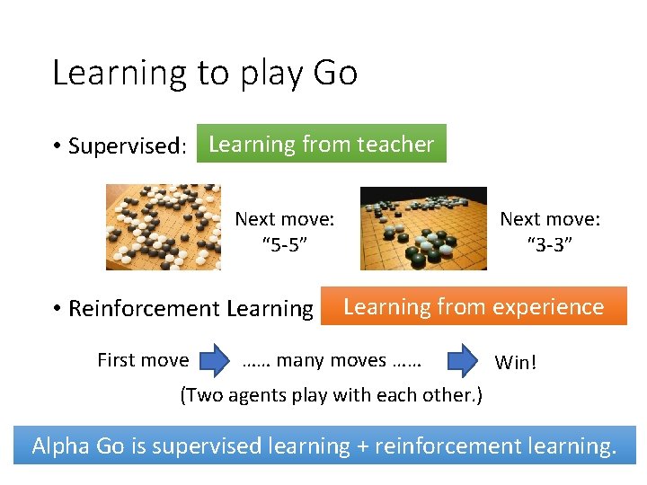 Learning to play Go • Supervised: Learning from teacher Next move: “ 5 -5”