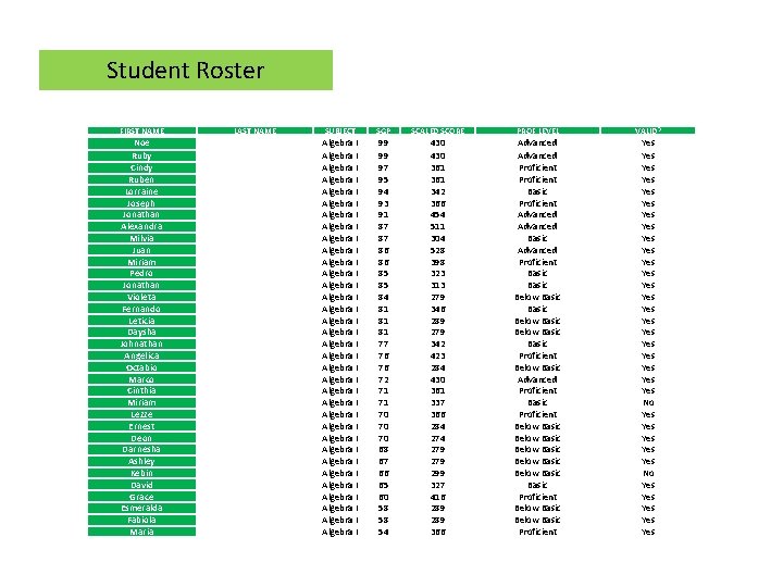 Student Roster FIRST NAME Noe Ruby Cindy Ruben Lorraine Joseph Jonathan Alexandra Milvia Juan