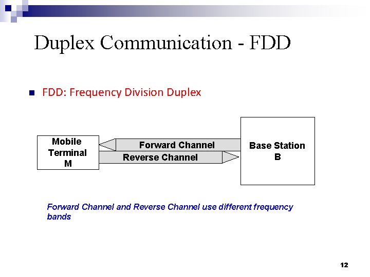 Duplex Communication - FDD n FDD: Frequency Division Duplex Mobile Terminal M Forward Channel