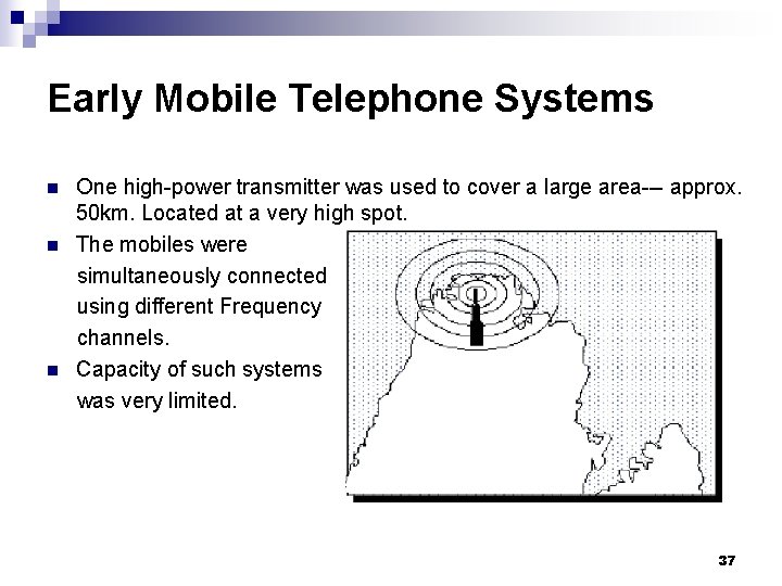 Early Mobile Telephone Systems n n n One high-power transmitter was used to cover