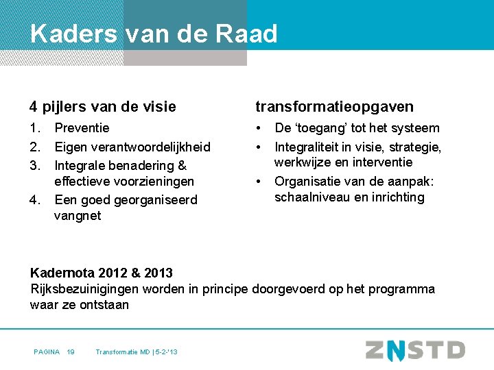 Kaders van de Raad 4 pijlers van de visie transformatieopgaven 1. 2. 3. •