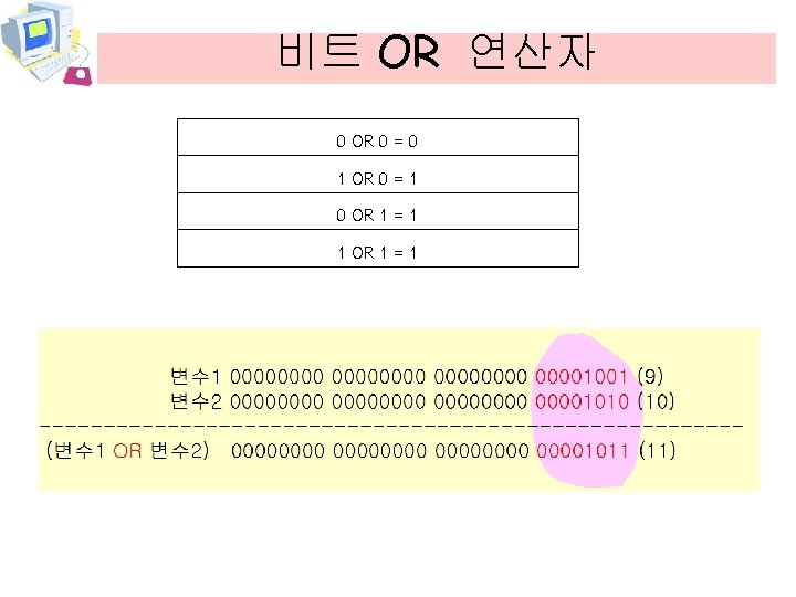 비트 OR 연산자 0 OR 0 = 0 1 OR 0 = 1 0