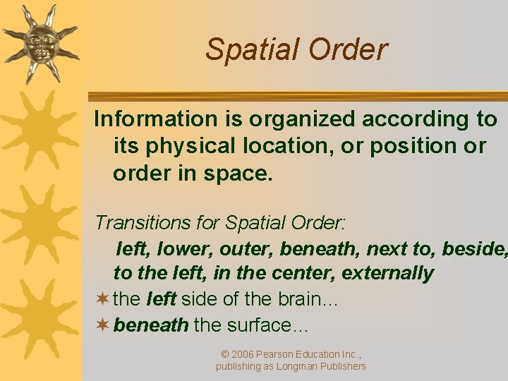 Spatial Order Information is organized according to its physical location, or position or order