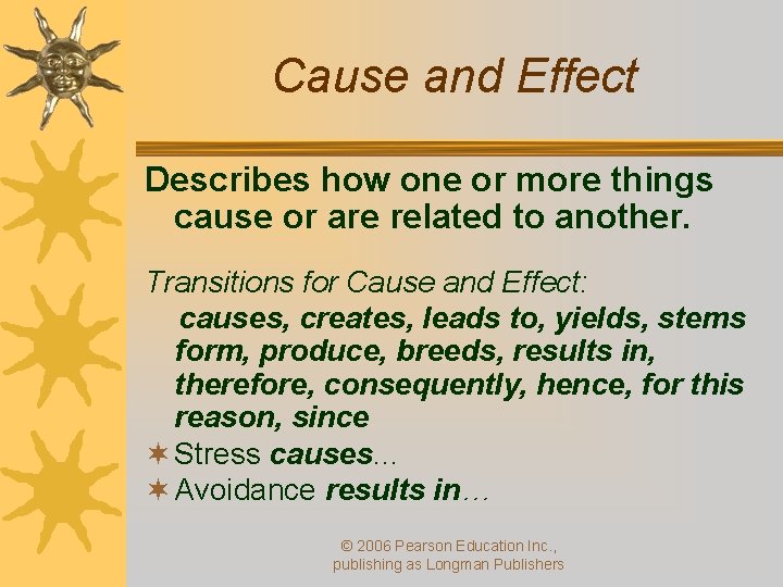 Cause and Effect Describes how one or more things cause or are related to