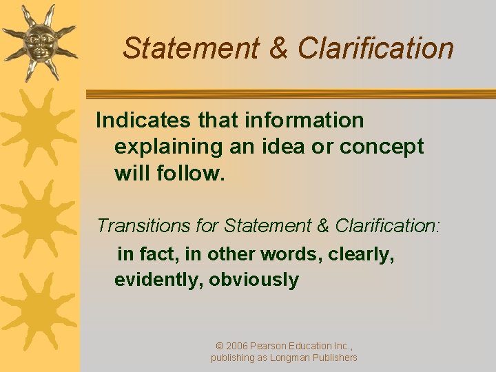 Statement & Clarification Indicates that information explaining an idea or concept will follow. Transitions