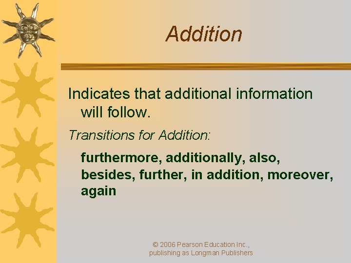 Addition Indicates that additional information will follow. Transitions for Addition: furthermore, additionally, also, besides,