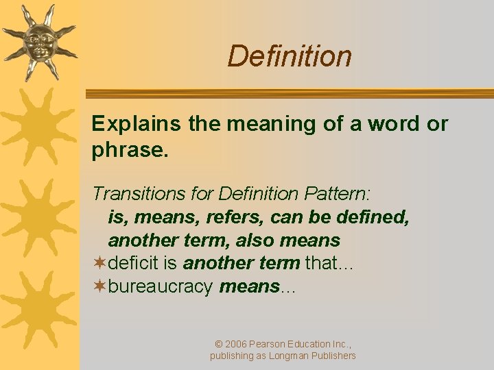 Definition Explains the meaning of a word or phrase. Transitions for Definition Pattern: is,