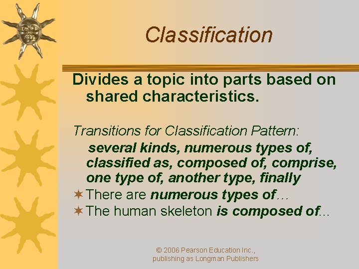 Classification Divides a topic into parts based on shared characteristics. Transitions for Classification Pattern: