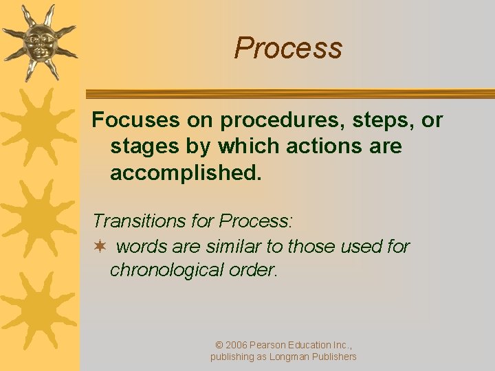 Process Focuses on procedures, steps, or stages by which actions are accomplished. Transitions for