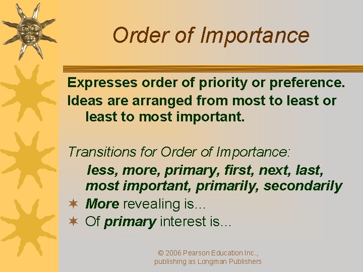 Order of Importance Expresses order of priority or preference. Ideas are arranged from most