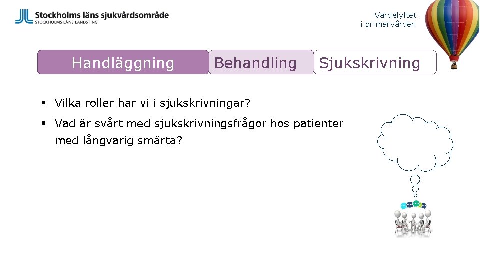 Värdelyftet i primärvården Handläggning Behandling Sjukskrivning § Vilka roller har vi i sjukskrivningar? §