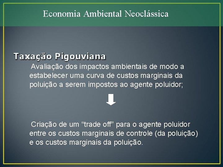 Economia Ambiental Neoclássica Taxação Pigouviana Avaliação dos impactos ambientais de modo a estabelecer uma